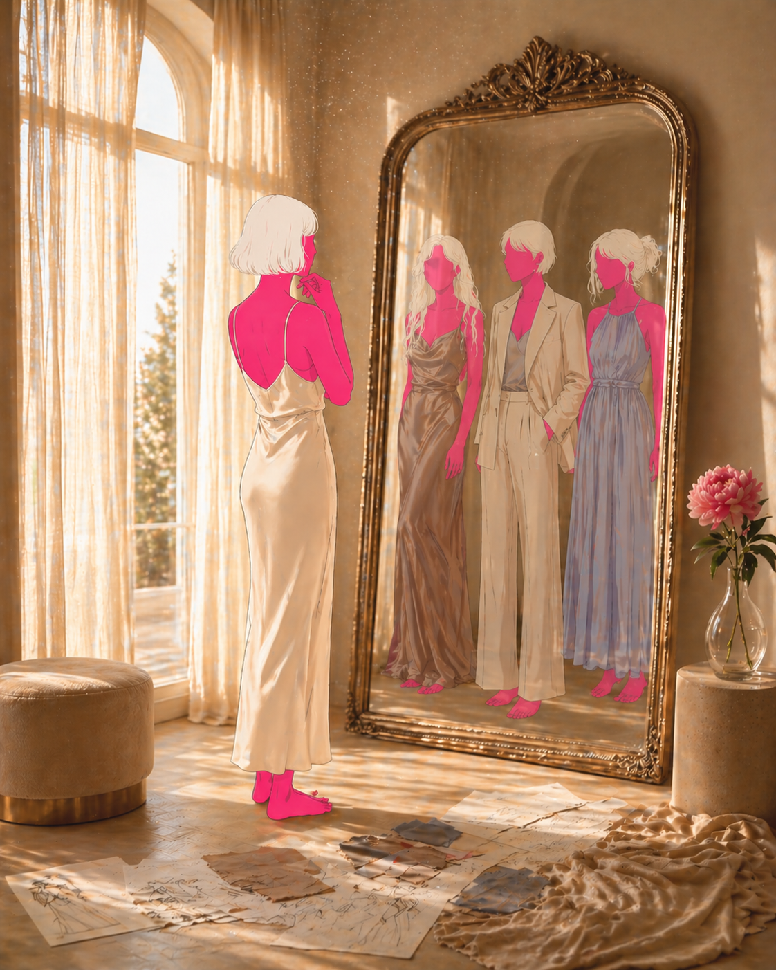 Mademoiselle character — pink stylized woman, the face of the brand